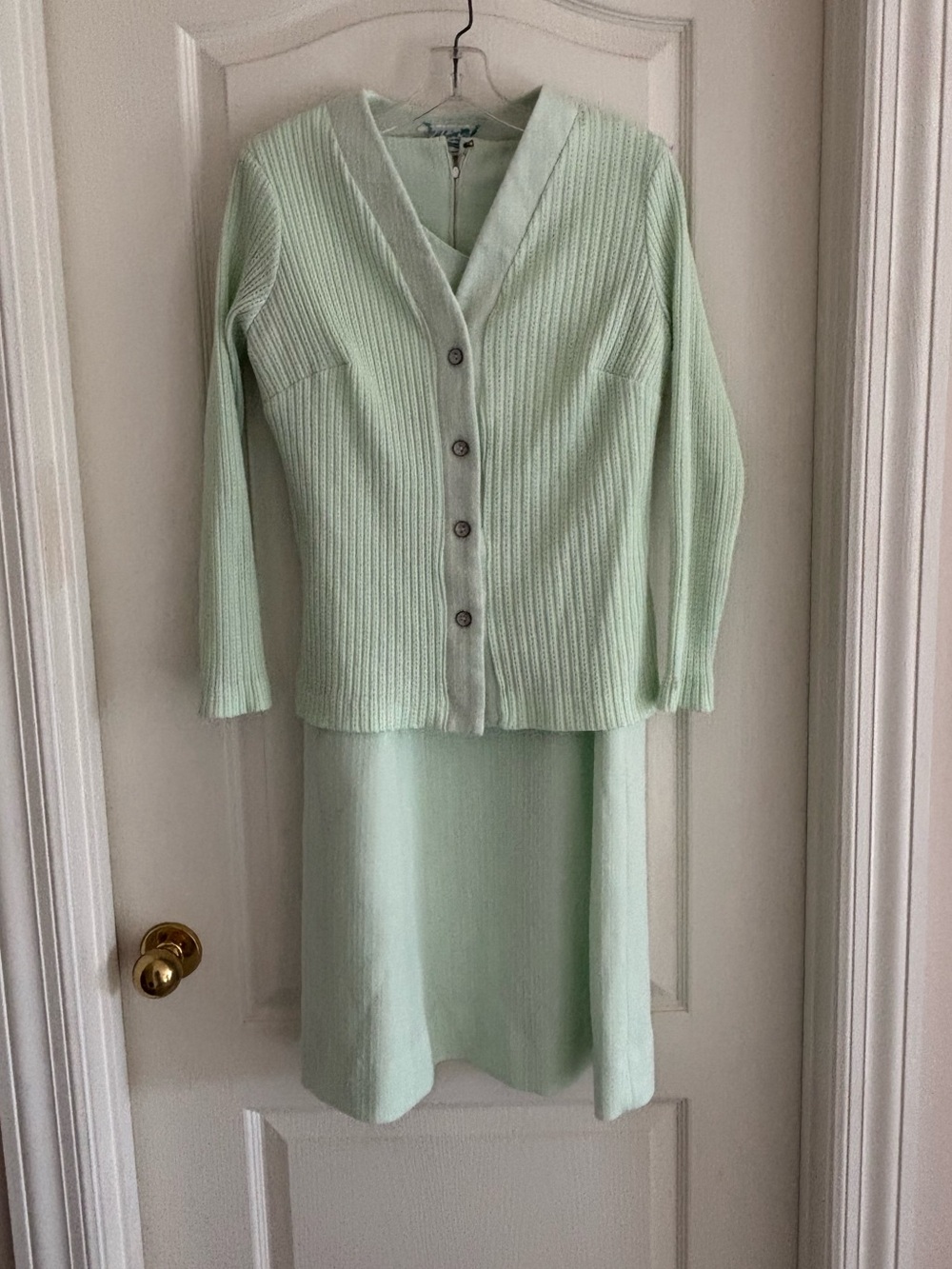 VTG 60s Melwine of Miami sz 12 Mint Green Knit Dress Cardigan Matching Set